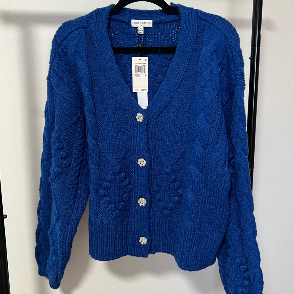 Blue Cable Knit Cardigan Sweater With Pearl Buttons